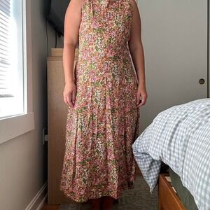 Vintage Floral Pink & Green Fall Midi Dress Size Medium‎